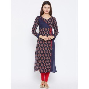 Women's Navy Blue And Red Color Paisely Printed Streight Fit Angrakha Kurta