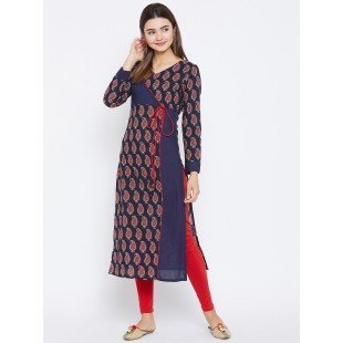 Women's Navy Blue And Red Color Paisely Printed Streight Fit Angrakha Kurta Women's Navy Blue And Red Color Paisely Printed Streight Fit Angrakha Kurta