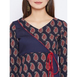 Women's Navy Blue And Red Color Paisely Printed Streight Fit Angrakha Kurta