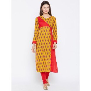Women's Yellow And Red Color Paisely Printed Streight Fit Angrakha Kurta Women's Yellow And Red Color Paisely Printed Streight Fit Angrakha Kurta