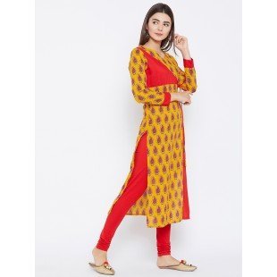Women's Yellow And Red Color Paisely Printed Streight Fit Angrakha Kurta Women's Yellow And Red Color Paisely Printed Streight Fit Angrakha Kurta