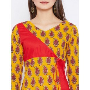 Women's Yellow And Red Color Paisely Printed Streight Fit Angrakha Kurta Women's Yellow And Red Color Paisely Printed Streight Fit Angrakha Kurta