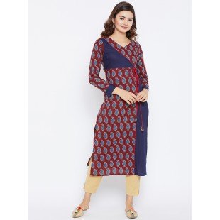 Women's Maroon And Blue Color Paisely Printed Streight Fit Angrakha Kurta
