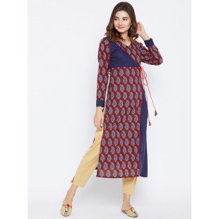 Women's Maroon And Blue Color Paisely Printed Streight Fit Angrakha Kurta Women's Maroon And Blue Color Paisely Printed Streight Fit Angrakha Kurta