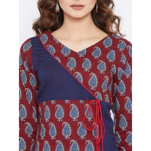 Women's Maroon And Blue Color Paisely Printed Streight Fit Angrakha Kurta