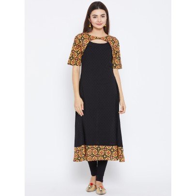 Women's Black ,Red And Yellow, Ajrakh Block Printed Umbrella Kurta