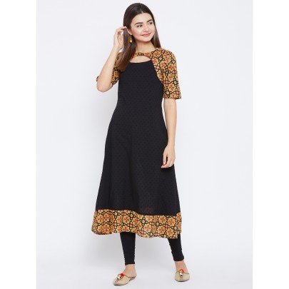 Women's Black ,Red And Yellow, Ajrakh Block Printed Umbrella Kurta