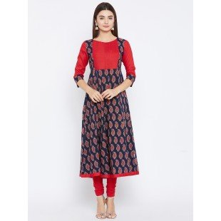 Women's Navy Blue And Red Paisely Printed Anarkali Ankle Length Kurta Women's Navy Blue And Red Paisely Printed Anarkali Ankle Length Kurta