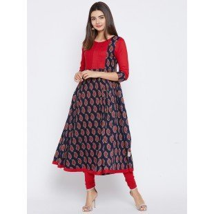 Women's Navy Blue And Red Paisely Printed Anarkali Ankle Length Kurta Women's Navy Blue And Red Paisely Printed Anarkali Ankle Length Kurta
