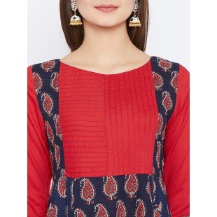 Women's Navy Blue And Red Paisely Printed Anarkali Ankle Length Kurta Women's Navy Blue And Red Paisely Printed Anarkali Ankle Length Kurta