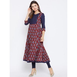 Women's Maroon And Navy Blue Paisely Printed Anarkali Ankle Length Kurta Women's Maroon And Navy Blue Paisely Printed Anarkali Ankle Length Kurta