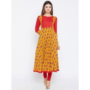 Women's Yellow And Red Paisely Printed Anarkali Ankle Length Kurta Women's Yellow And Red Paisely Printed Anarkali Ankle Length Kurta