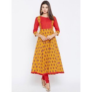 Women's Yellow And Red Paisely Printed Anarkali Ankle Length Kurta Women's Yellow And Red Paisely Printed Anarkali Ankle Length Kurta