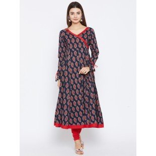 Women's Navy Blue And Red Color Paisley Printed Anarkali Ankle Length Kurta