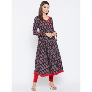 Women's Navy Blue And Red Color Paisley Printed Anarkali Ankle Length Kurta Women's Navy Blue And Red Color Paisley Printed Anarkali Ankle Length Kurta