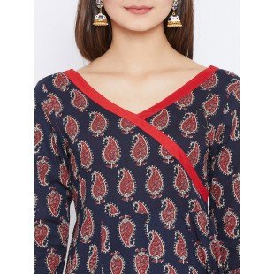 Women's Navy Blue And Red Color Paisley Printed Anarkali Ankle Length Kurta