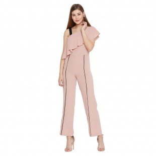 Women'S Solid Rose Gold Full Length Straight Fit Crepe Jumpsuit
