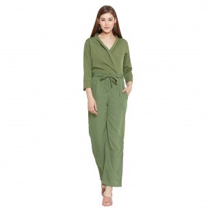 Women'S Solid Olive Full Length Crepe Jumpsuit