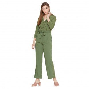 Women'S Solid Olive Full Length Crepe Jumpsuit