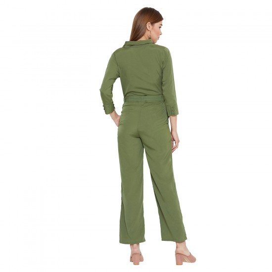 Women'S Solid Olive Full Length Crepe Jumpsuit