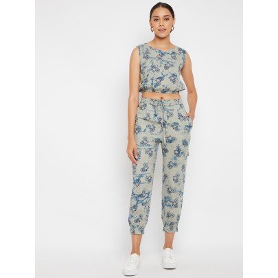 Grey & Blue Printed Two-Piece Jumpsuit