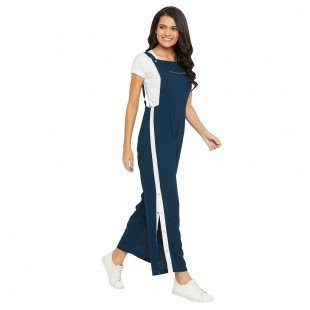 Teal solid dungarees with side stripes detail Teal solid dungarees with side stripes detail