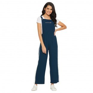 Teal solid dungarees with side stripes detail Teal solid dungarees with side stripes detail