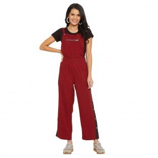 Maroon solid dungarees with side stripes detail Maroon solid dungarees with side stripes detail