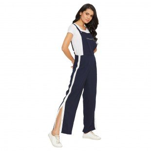 Navy Blue solid dungarees with side stripes detail Navy Blue solid dungarees with side stripes detail