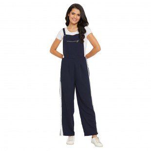 Navy Blue solid dungarees with side stripes detail Navy Blue solid dungarees with side stripes detail