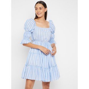 Women Blue White Stripe Fit and Flare Cotton Dress Women Blue White Stripe Fit and Flare Cotton Dress