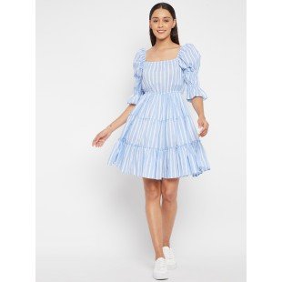 Women Blue White Stripe Fit and Flare Cotton Dress Women Blue White Stripe Fit and Flare Cotton Dress