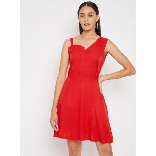 Women Red Solid Fit and Flare dress Women Red Solid Fit and Flare dress