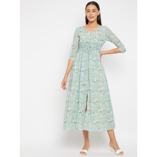 Women Green Floral Print Front Slit Midi Dress Women Green Floral Print Front Slit Midi Dress