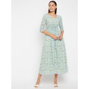 Women Green Floral Print Front Slit Midi Dress Women Green Floral Print Front Slit Midi Dress