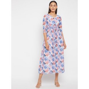 Women Multi with Blue Floral Print Front Slit Midi Dress Women Multi with Blue Floral Print Front Slit Midi Dress