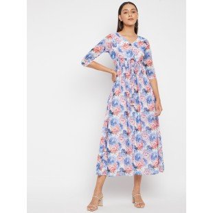 Women Multi with Blue Floral Print Front Slit Midi Dress Women Multi with Blue Floral Print Front Slit Midi Dress