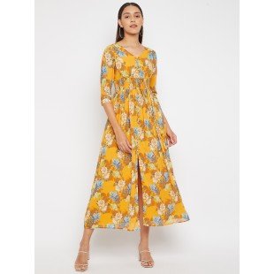 Women Mustard Floral Print Front Slit Midi Dress Women Mustard Floral Print Front Slit Midi Dress