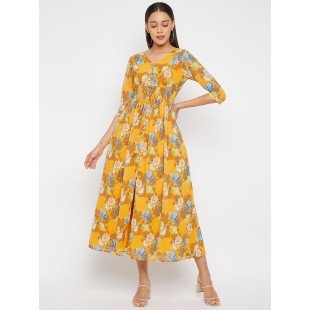 Women Mustard Floral Print Front Slit Midi Dress Women Mustard Floral Print Front Slit Midi Dress