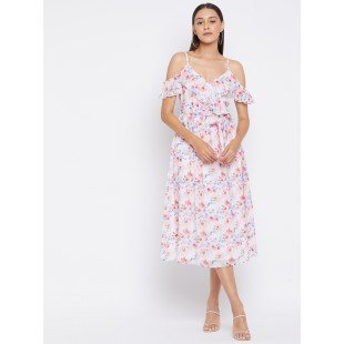 Women Pink with Pink Blue Floral Print Midi dress Women Pink with Pink Blue Floral Print Midi dress