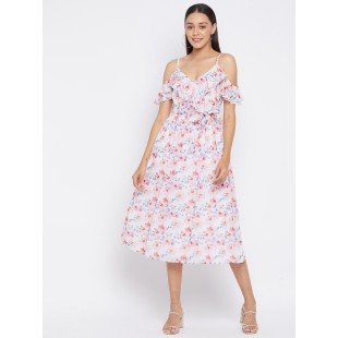 Women Pink with Pink Blue Floral Print Midi dress Women Pink with Pink Blue Floral Print Midi dress