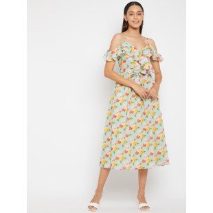 Women Mint Green Floral Print Midi Dress Women Mint Green Floral Print Midi Dress