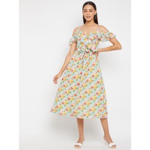 Women Mint Green Floral Print Midi Dress Women Mint Green Floral Print Midi Dress