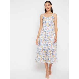 Women Off White with Blue and Yellow Floral Print Midi Dress Women Off White with Blue and Yellow Floral Print Midi Dress