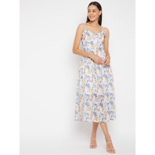 Women Off White with Blue and Yellow Floral Print Midi Dress Women Off White with Blue and Yellow Floral Print Midi Dress