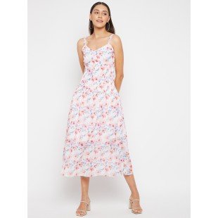 Women White Floral Print Midi Dress Women White Floral Print Midi Dress