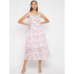 Women White Floral Print Midi Dress Women White Floral Print Midi Dress