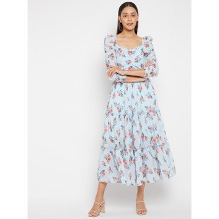 Women Baby Blue Floral Print Midi Dress Women Baby Blue Floral Print Midi Dress