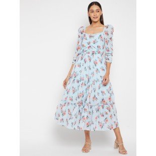 Women Baby Blue Floral Print Midi Dress Women Baby Blue Floral Print Midi Dress