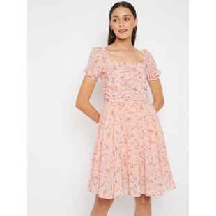 Women Peach Floral Print Fit and Flare Dress Women Peach Floral Print Fit and Flare Dress